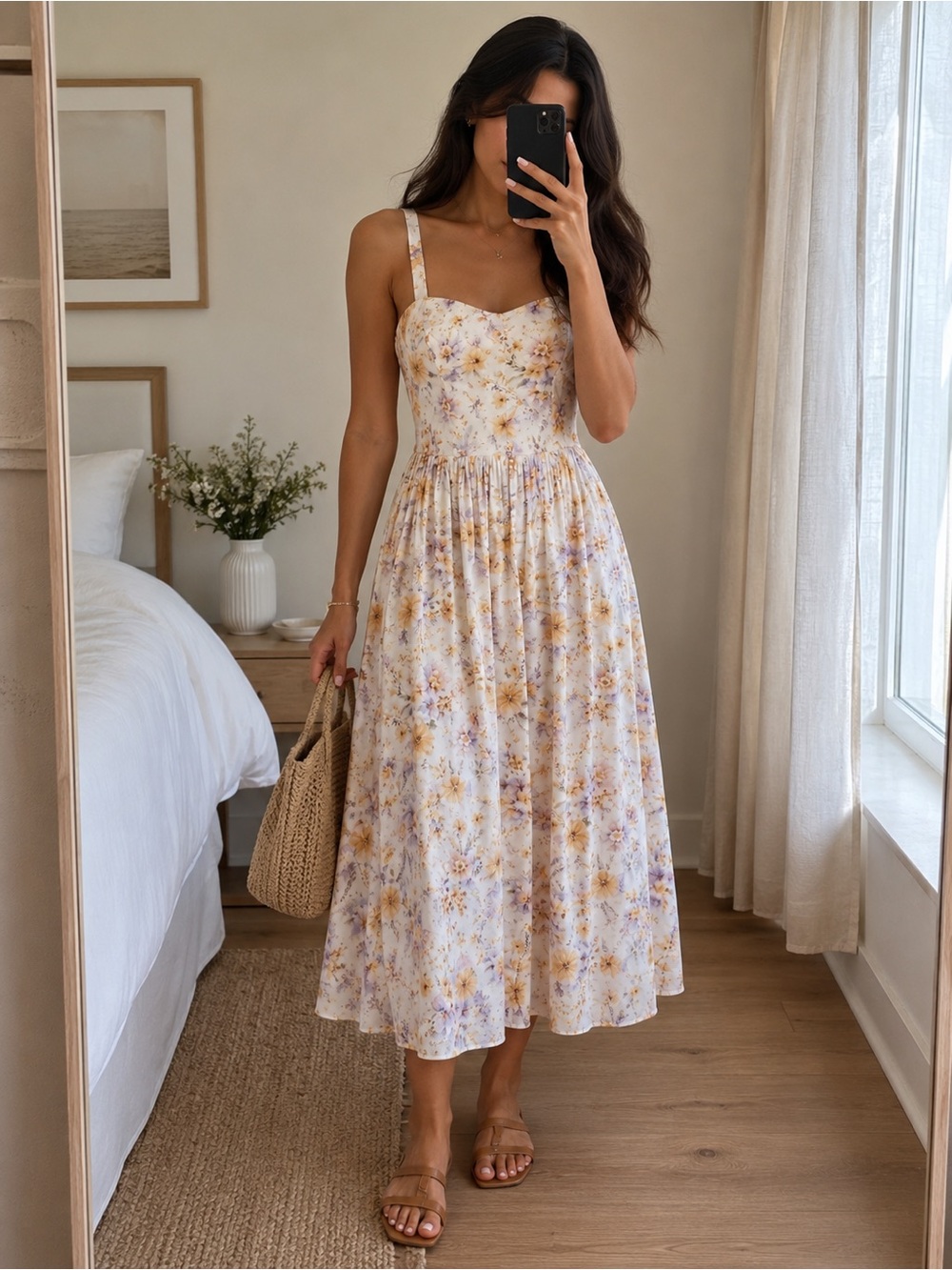 Aqua Blu Lilas Drop Waist Floral Cotton Silk Maxi Dress White Multi XS